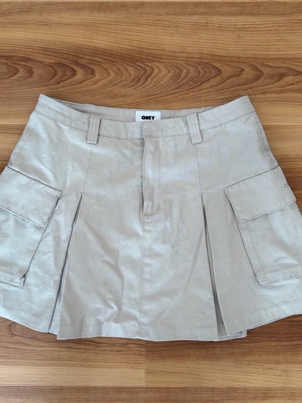 Obey Beige Cargo Pleated Mini Skirt